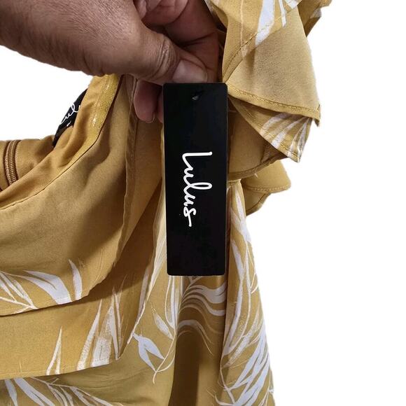 Lulu's Be-Leaf the Hype Off the Shoulder Mini Dress Mustard Party Size M - Picture 9 of 14